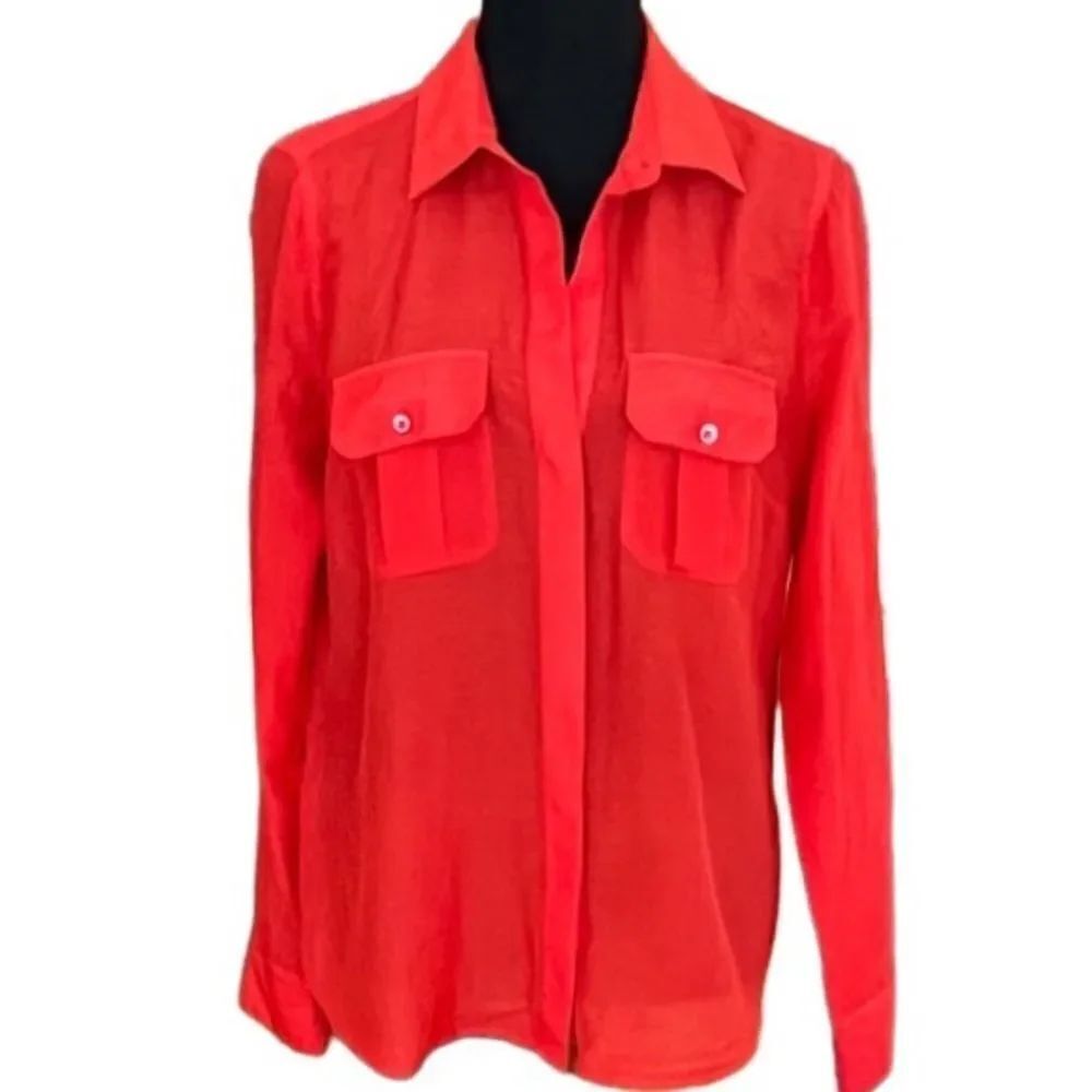 BCBGMAXAZRIA LIAM Bright Poppy button front tab sleeved shirt,cotton/silk blend